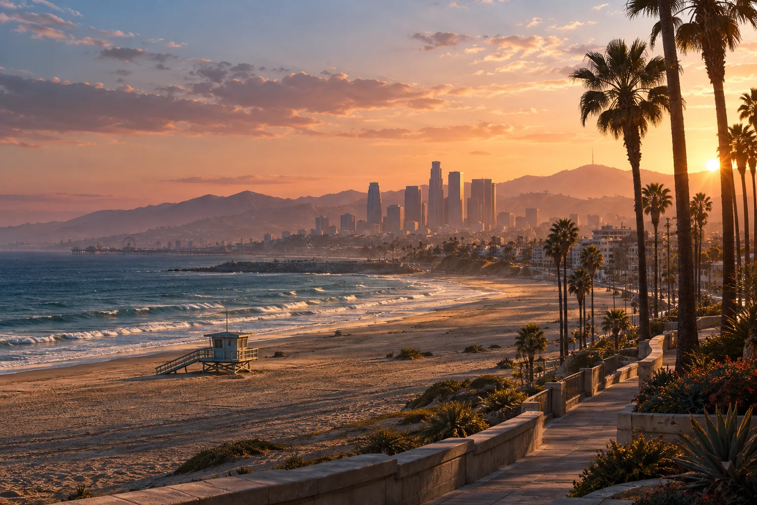 Palm-lined Los Santos coastline and city skyline at sunset